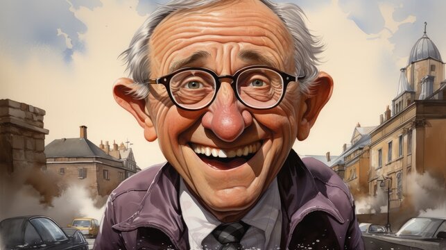  A Caricature Of An Older Man With Glasses And A Purple Shirt And Tie, In Front Of A Cityscape With Cars And A Sky In The Background.  Generative Ai