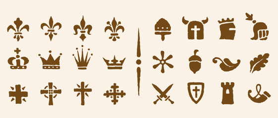 Heraldic symbols in the Romanesque style in the old paper background. Vector set vintage icons of historical Heraldic symbols. © Serazetdinov