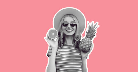 Summer portrait of happy smiling young woman with pineapple and slice of orange, fresh tropical juicy fruits, wearing straw hat, sunglasses on pink background, magazine style