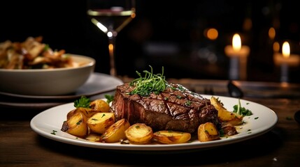 steak meal with potatoes. romantic dinner. generative AI illustration.	 - obrazy, fototapety, plakaty