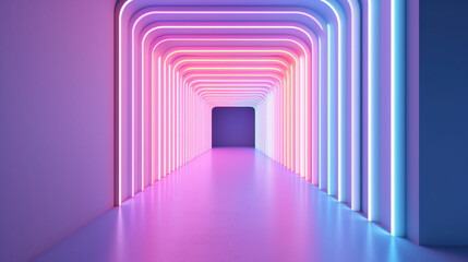 Fototapeta premium Futuristic neon empty corridor or hallway. Interior of a empty minimal modern room with copy space. Generative AI
