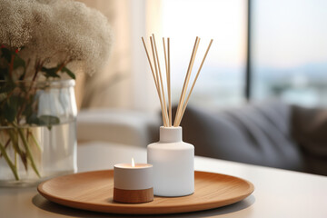 Liquid home fragrance in a diffuser with wooden sticks on table in bedroom