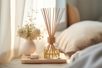 Liquid home fragrance in a diffuser with wooden sticks on table in bedroom