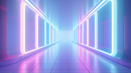 Futuristic neon empty corridor or hallway. Interior of a empty minimal modern room with copy space. Generative AI