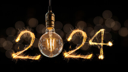 Luxury beautiful retro or vintage dirty light bulb decor hanging with 2024 Happy new year concept written number by sparkle firework - obrazy, fototapety, plakaty