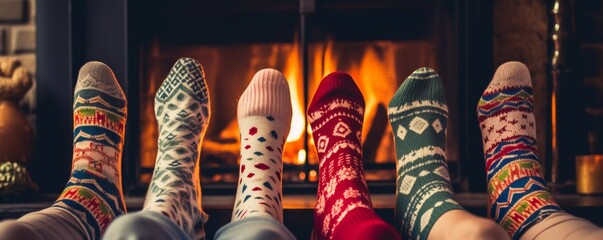 Cropped view of women in winter socks with fireplace in background , AI generator - obrazy, fototapety, plakaty
