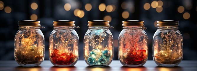 Christmas ornaments of glass jar with free space for text. Festive background with decorations and gifts. New Year card, banner, flyer, poster mockup.