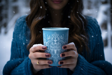 Woman holding a cup of hot cocoa in a winter park