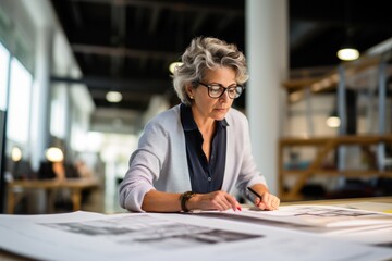Concentrated senior architect examining architectural plans in a bright modern workspace