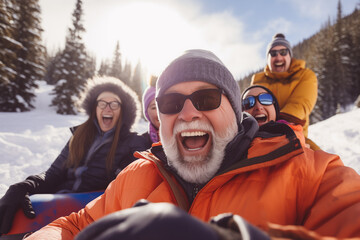 Men and women enjoying a snow tube ride in the mountain