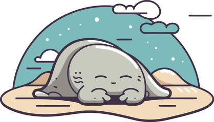 Cute seal sleeping on the sand. Vector illustration in cartoon style.
