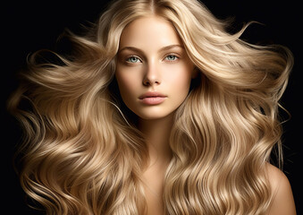 Obraz premium Beauty portrait of woman with blond shiny silky wavy hair on dark backround.Macro.AI Generative