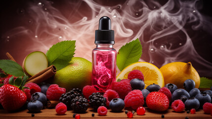 Bottle with liquid. Vaping. Flavored e-liquid. Berries and fruits.Generative AI