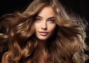 Fototapeta premium Beautiful woman with shiny silky wavy long brown hair on dark backround.Macro.AI Generative