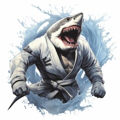 AI generated illustration of a great white shark dressed in a karate gi, ready to engage in battle - obrazy, fototapety, plakaty