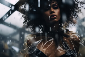 Creative artistic double exposure portrait of sexy afro american woman in urban industrial environment. Beautiful black female fashion model posing in studio.