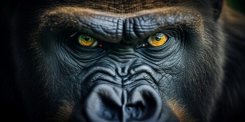AI generated illustration of a close-up of a large, silverback gorilla gazing directly at the camera - obrazy, fototapety, plakaty