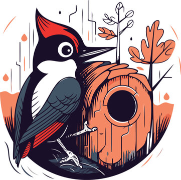 recommend clip art: Hand drawn vector illustration of a woodpecker sitting on a birdhouse.