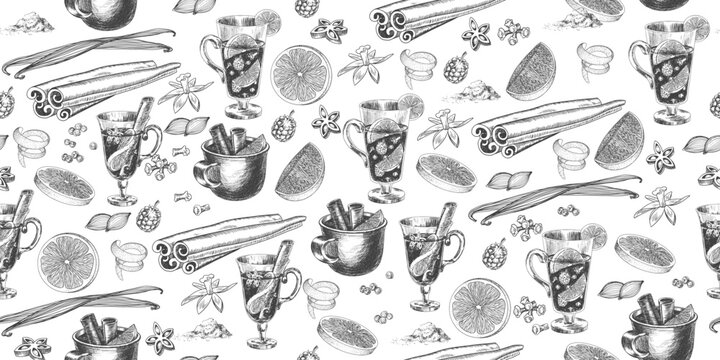 Seamless pattern with ingredients for mulled wine. Sketch style glasses with mulled wine, spices. Black and white hand drawn illustration with winter drinks. Wine bottle, cinnamon, orange, vanilla