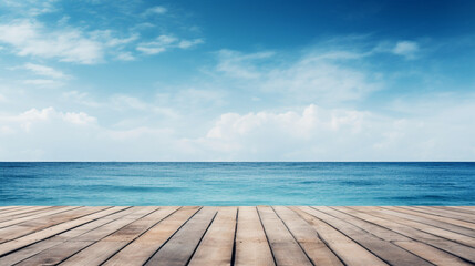 Fototapeta premium Wooden jetty with view on blue sea. Copy space. Generative AI