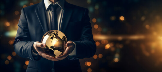 Closeup of businessman holding a miniature globe with bokeh background and copyspae text.Concept for global business, international expansion, and diversity & inclusivity - obrazy, fototapety, plakaty