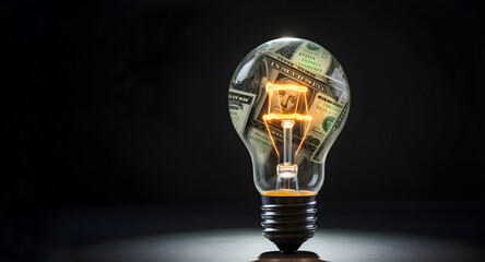 light bulb with money inside of it, symbolizing the power of financial creativity. The light bulb is glowing brightly, suggesting that new ideas and solutions can lead to financial success - obrazy, fototapety, plakaty