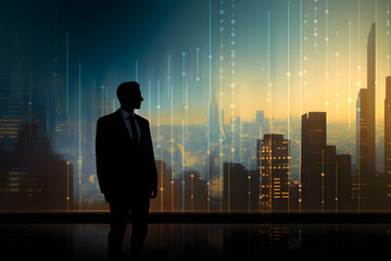 silhouette of a suited businessman gazing at a radiant urban backdrop, symbolizing investing, success, and financial growth. A powerful image capturing the essence of financial aspirations - obrazy, fototapety, plakaty