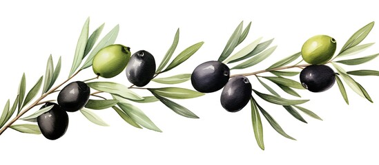Set of watercolor illustrations depicting an olive branch adorned with both black and green fruit