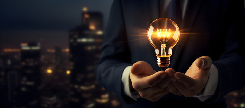 A businessman in a suit holds up a lit lightbulb against a glowing city backdrop, embodying creativity, innovation, and the potency of new ideas.Copy-text space