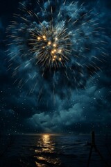 Fototapeta premium Abstract colored fireworks with free space for text. Festive background. New Year card.
