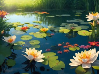 water lilies floating in a pond with lily pads - obrazy, fototapety, plakaty