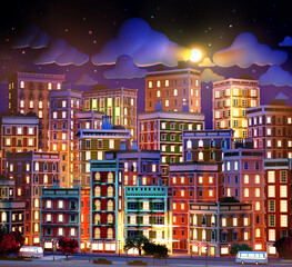 3D rendering Illustration with colourful city houses, periodic buildings at night with full moon	