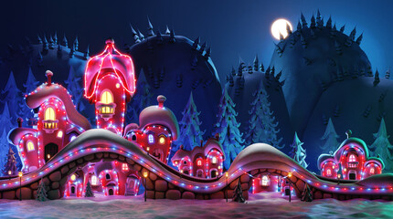 Night view of Fairy village decorated with lights, Christmas forest and mountains around. Beautiful houses with lights. 3D rendering Illustration - obrazy, fototapety, plakaty