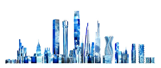 Beautiful city with glossy skyscrapers and office buildings and blue sky reflection. 3D rendering illustration	
