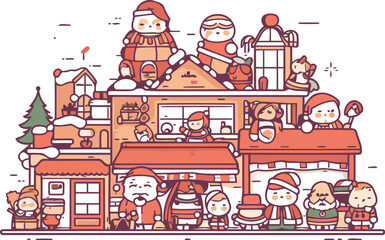 Fototapeta premium Vector illustration of Santa Claus and children in front of a shop.