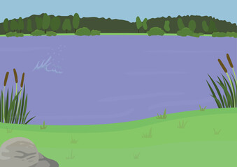Summer landscape with a pond. Flat style. Vector illustration with natural background in cartoon style.
