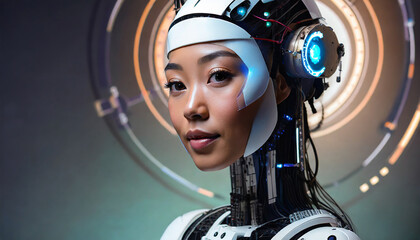 Portrait of female robot, android face, Artificial intelligence concept