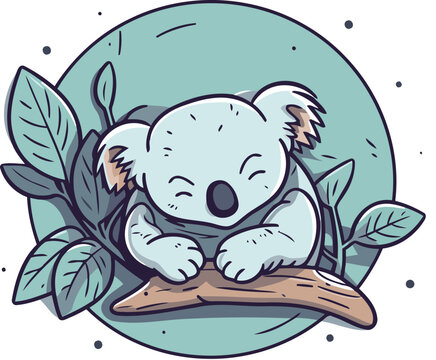 recommend clip art: Cute koala sitting on a branch with leaves. Vector illustration.