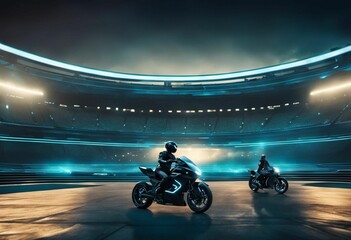 Two motorcyclists zooming through a packed stadium in the evening, AI-generated. - obrazy, fototapety, plakaty