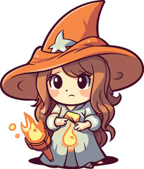 Cute cartoon witch girl holding a burning candle. Vector illustration.