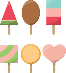 Ice lollys collection - colorful set of six frozen popsicles of different shapes - isolated vector illustration on white background.