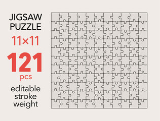 Empty jigsaw puzzle grid template, 11x11 shapes, 121 pieces. Separate matching irregularly elements. Flat vector illustration layout, every piece is a single shape.