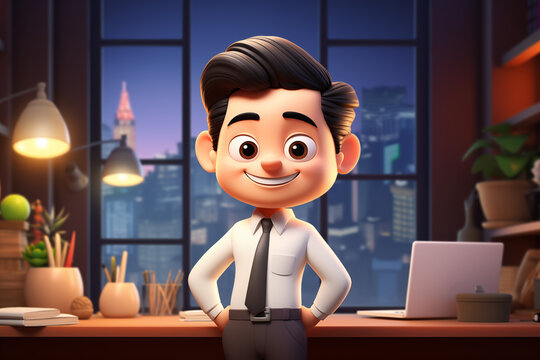 3D Animation Style Confident Cartoon Young Businessman in Modern Office with City View at Night