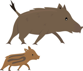 Cartoon baby and mother wild pig. Colorful vector illustration for children isolated on white background.