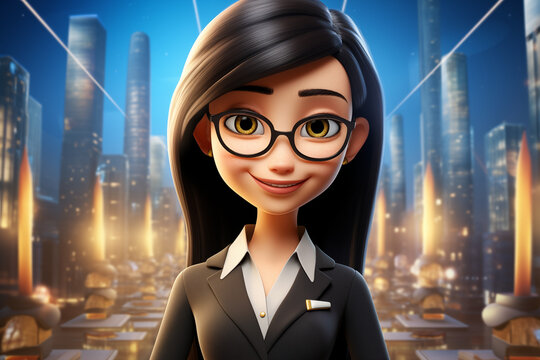 Animated Young Businesswoman in Modern Cityscape - 3D Character Illustration