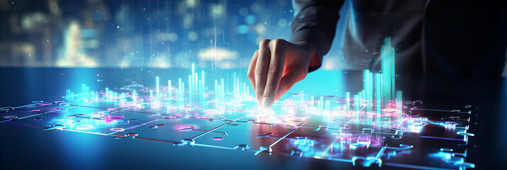 Hand of Businessman touching sensitive screen technology, monitoring progress, checking graphs and reports