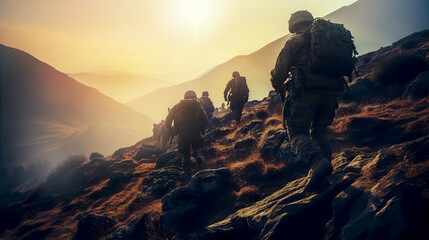 Heavy armed Soldiers getting on position. Group walking against of sunset. War concept 