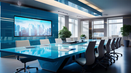 Beautiful modern meeting room concept with big glass windows and bright light  - obrazy, fototapety, plakaty
