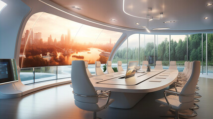 Fototapeta premium Beautiful modern meeting room concept with big glass windows and bright light 