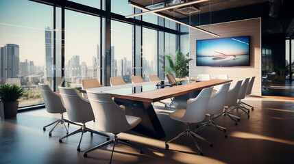Fototapeta na wymiar Beautiful modern meeting room concept with big glass windows and bright light 